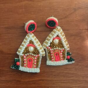 Beaded Gingerbread House Earrings with Pearl Accent